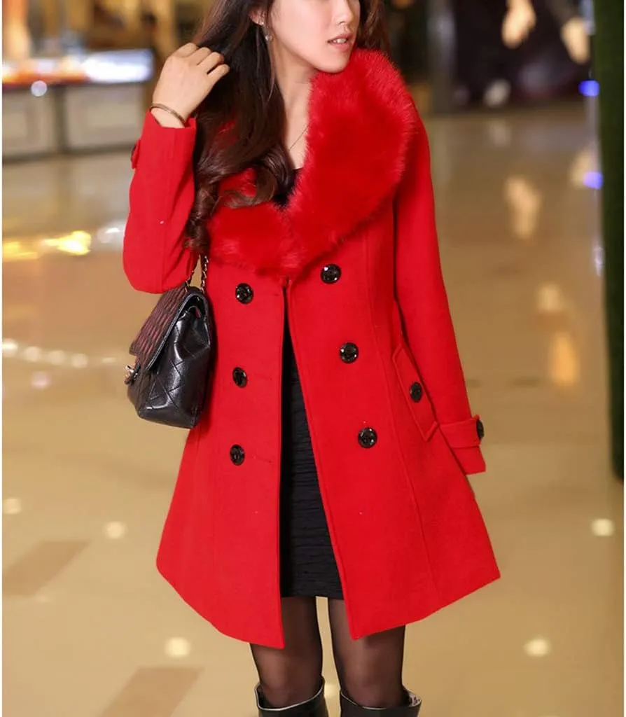 watersouprty Women's Faux Fur Lapel Double-Breasted Thick Long Wool Trench Coat Jacket