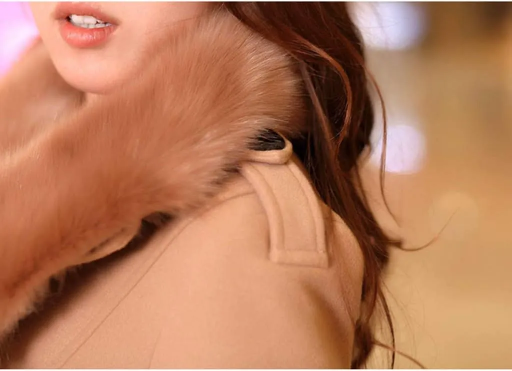 watersouprty Women's Faux Fur Lapel Double-Breasted Thick Long Wool Trench Coat Jacket