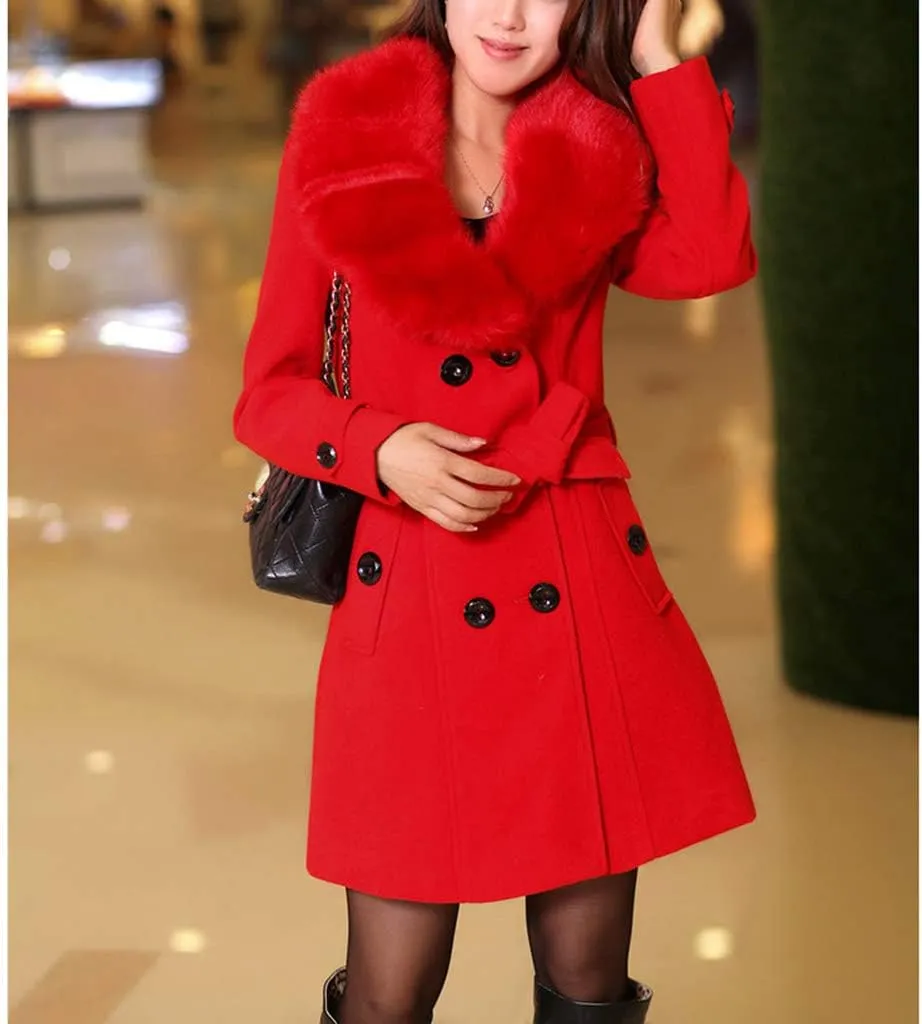 watersouprty Women's Faux Fur Lapel Double-Breasted Thick Long Wool Trench Coat Jacket