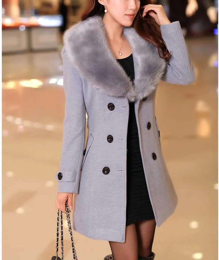 watersouprty Women's Faux Fur Lapel Double-Breasted Thick Long Wool Trench Coat Jacket