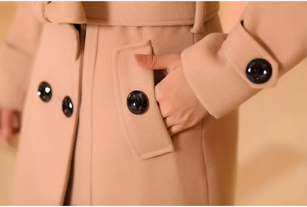 watersouprty Women's Faux Fur Lapel Double-Breasted Thick Long Wool Trench Coat Jacket