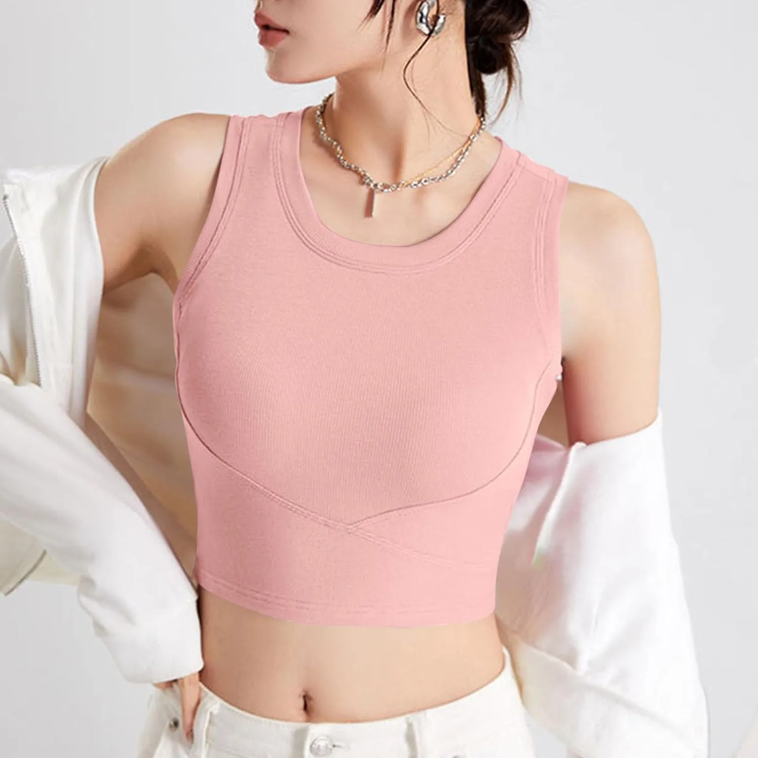 Wmens Crop Tank Tops with Built in Bra Sexy Basic Shelf Bras Yoga Shirts Slim High Neck Padded Camisoles Undershirt