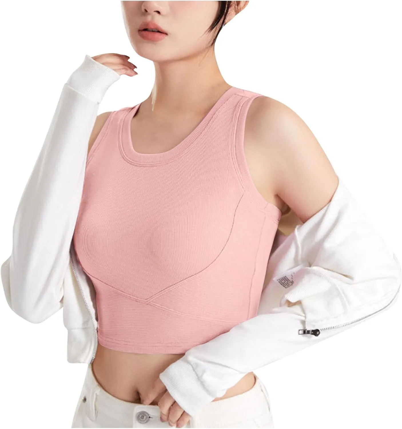 Wmens Crop Tank Tops with Built in Bra Sexy Basic Shelf Bras Yoga Shirts Slim High Neck Padded Camisoles Undershirt
