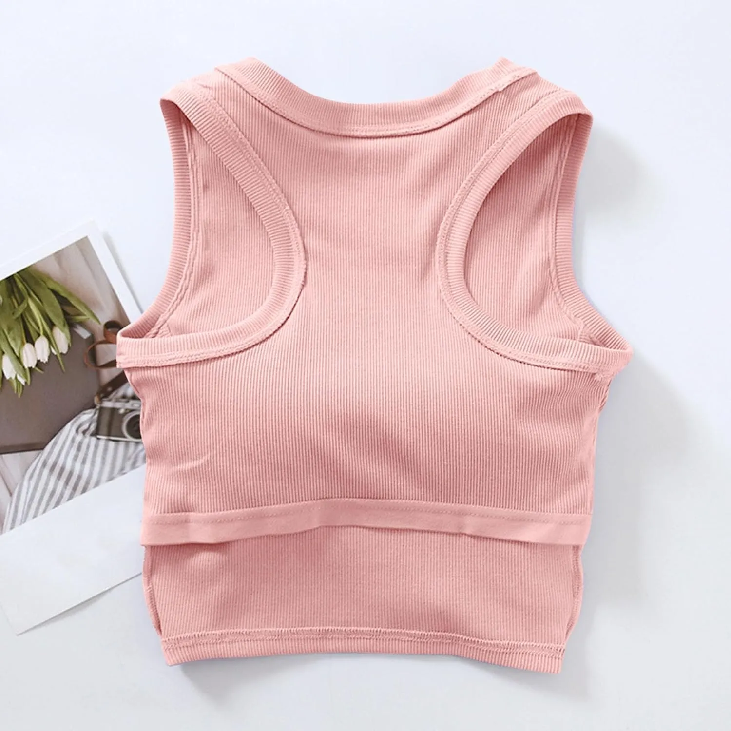 Wmens Crop Tank Tops with Built in Bra Sexy Basic Shelf Bras Yoga Shirts Slim High Neck Padded Camisoles Undershirt