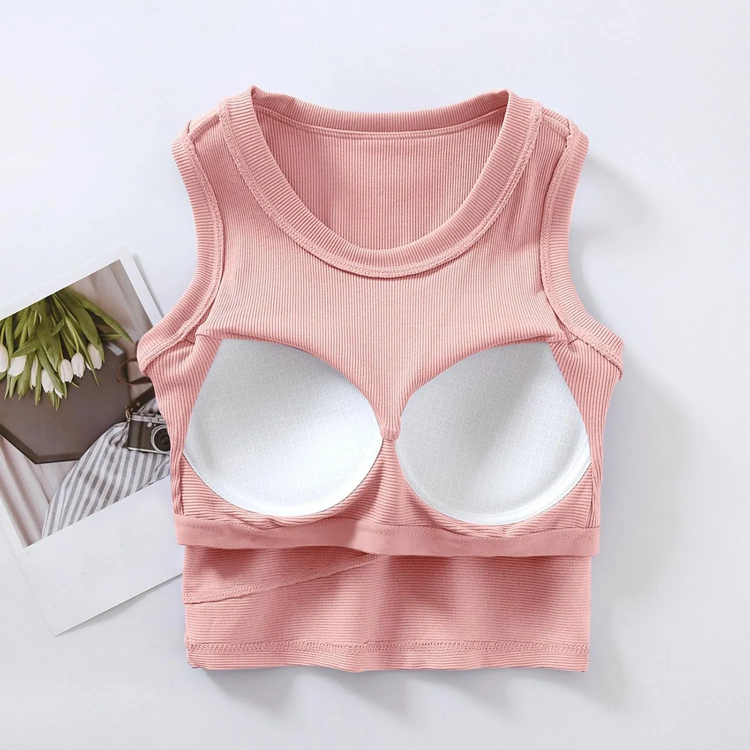 Wmens Crop Tank Tops with Built in Bra Sexy Basic Shelf Bras Yoga Shirts Slim High Neck Padded Camisoles Undershirt