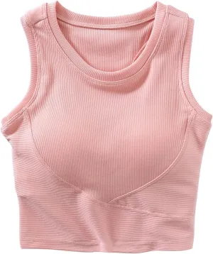 Wmens Crop Tank Tops with Built in Bra Sexy Basic Shelf Bras Yoga Shirts Slim High Neck Padded Camisoles Undershirt