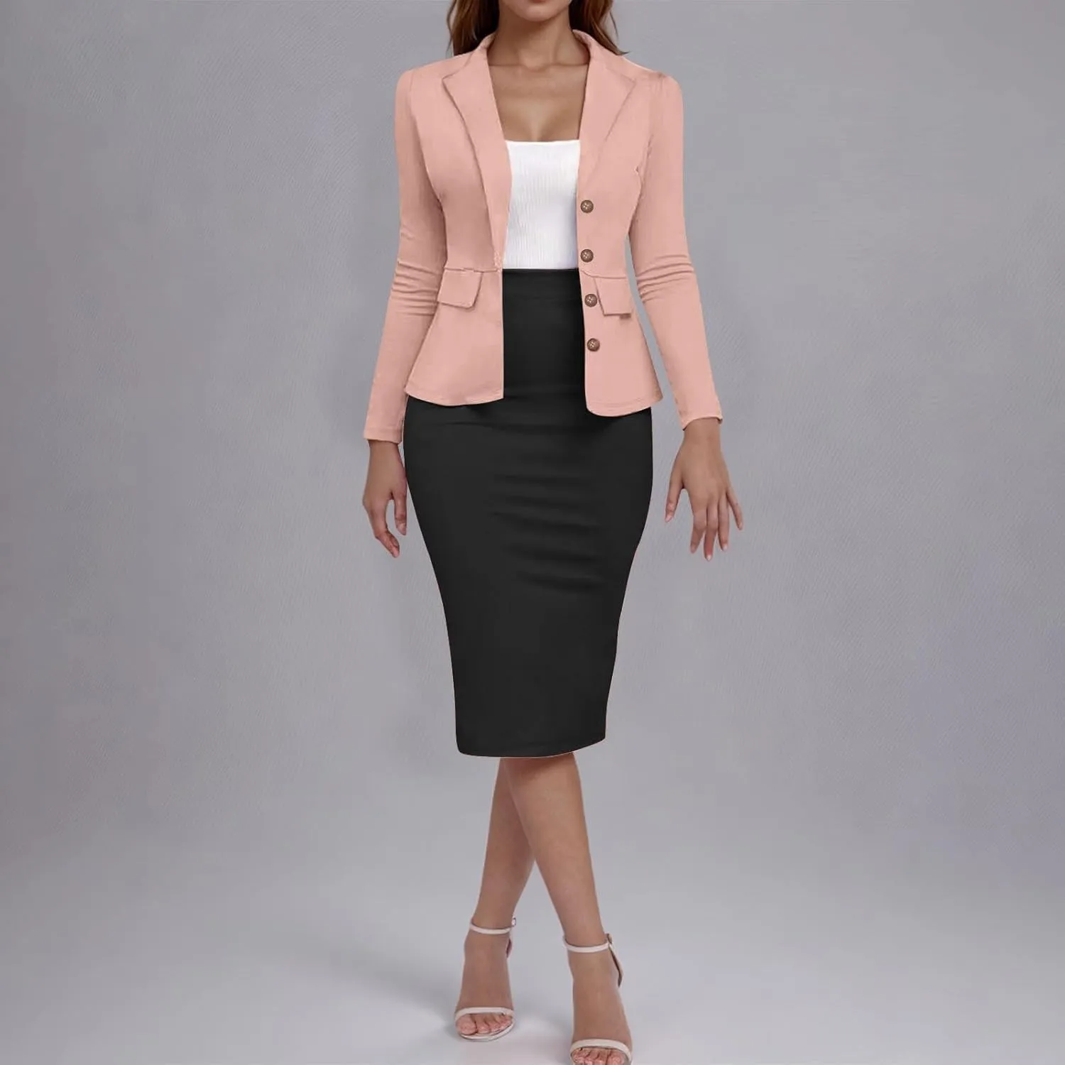 Women Dressy Color Block Suits 2 Piece Set Business Skirts and 3/4 Sleeve Button Up Blazer Fitted Work Office Outfit