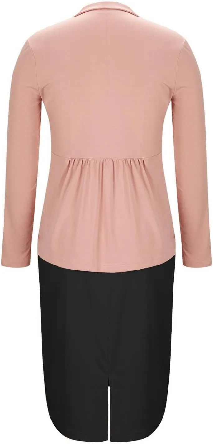 Women Dressy Color Block Suits 2 Piece Set Business Skirts and 3/4 Sleeve Button Up Blazer Fitted Work Office Outfit