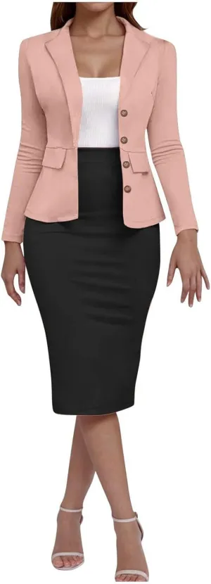 Women Dressy Color Block Suits 2 Piece Set Business Skirts and 3/4 Sleeve Button Up Blazer Fitted Work Office Outfit
