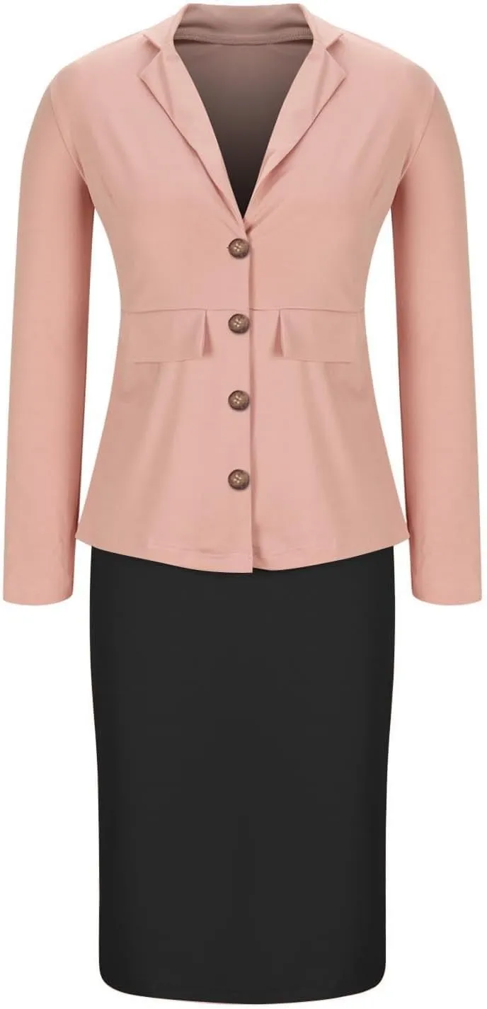 Women Dressy Color Block Suits 2 Piece Set Business Skirts and 3/4 Sleeve Button Up Blazer Fitted Work Office Outfit