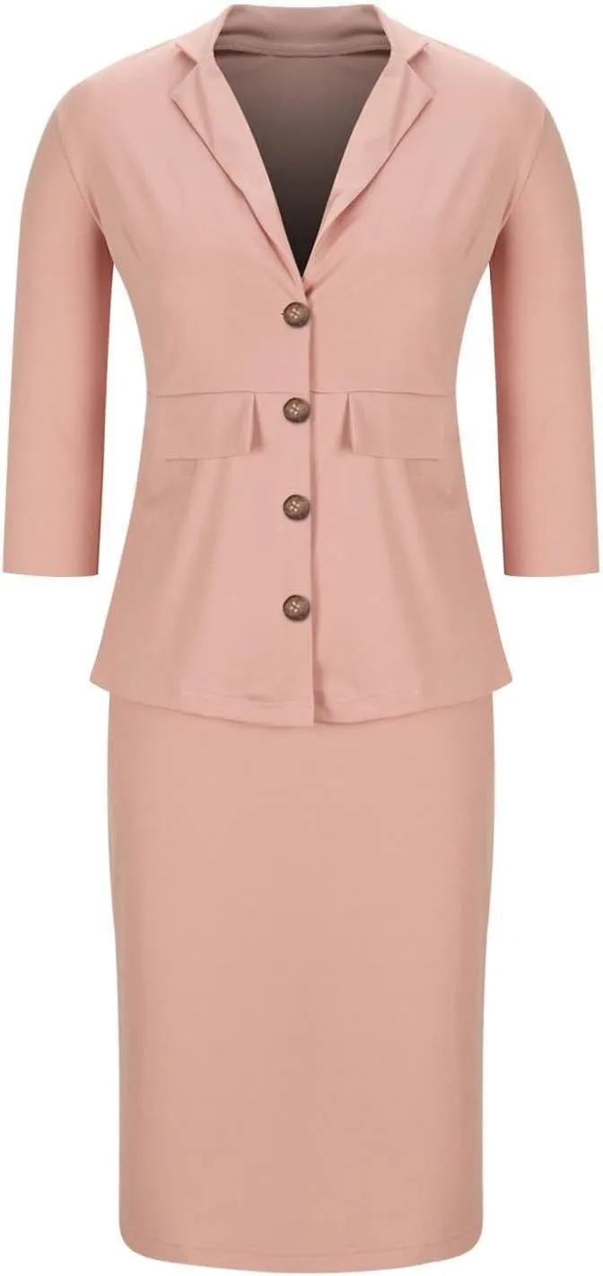 Women Dressy Solid Suits 2 Piece Set Business Skirt and 3/4 Sleeve Blazer Summer Fitted Casual Work Office Outfit