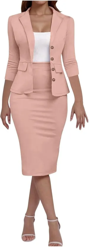 Women Dressy Solid Suits 2 Piece Set Business Skirt and 3/4 Sleeve Blazer Summer Fitted Casual Work Office Outfit