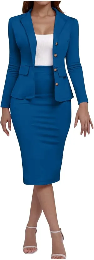 Women Dressy Suits 2 Piece Set Business Skirt Suit Set Long Sleeve Blazer and Skirt Fitted Casual Work Office Outfit