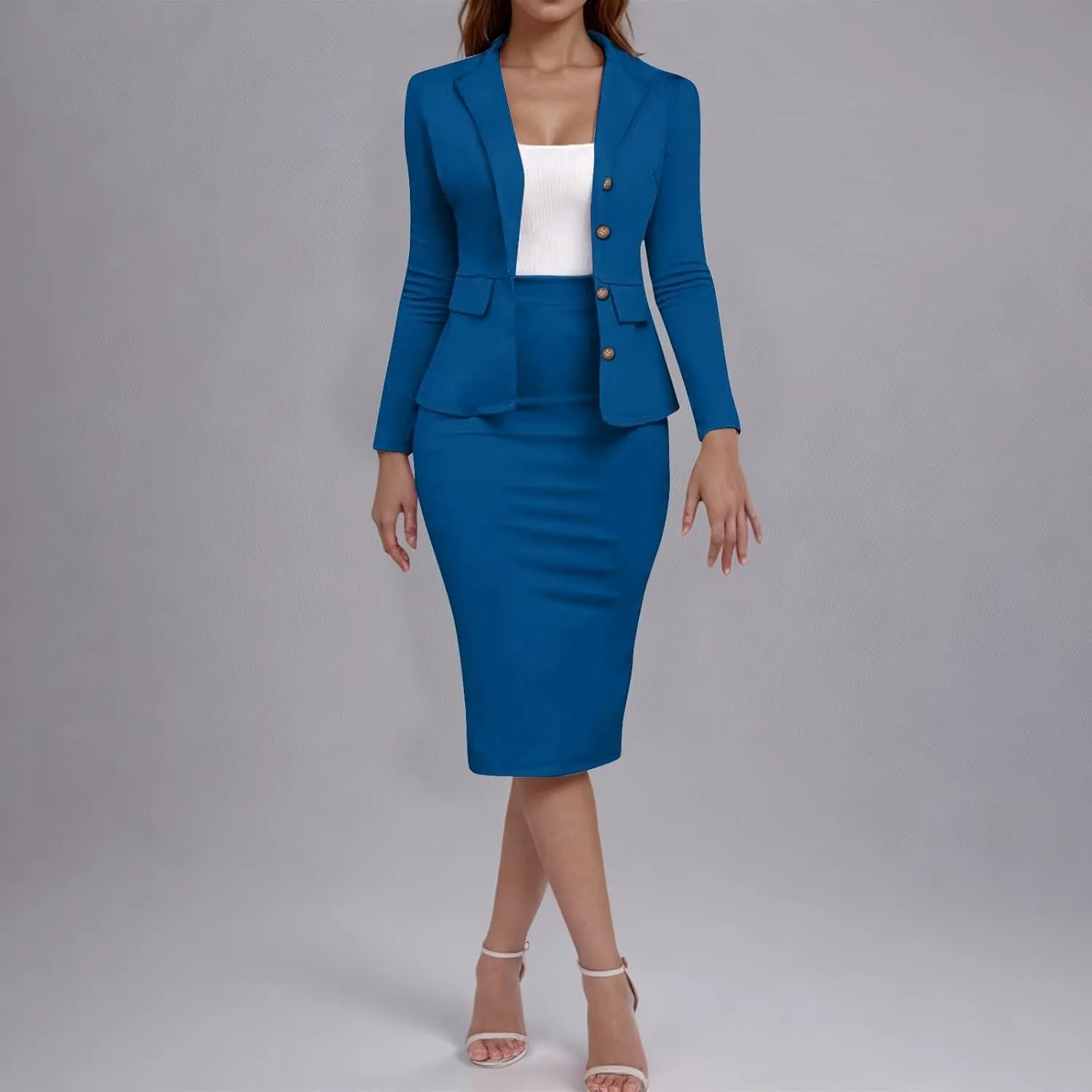 Women Dressy Suits 2 Piece Set Business Skirt Suit Set Long Sleeve Blazer and Skirt Fitted Casual Work Office Outfit