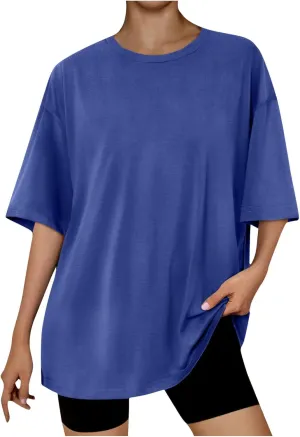 Women Drop Shoulder Short Sleeve Tshirts Oversized Crew Neck Tops Workout Solid Comfy Tees Summer Daily Tunics