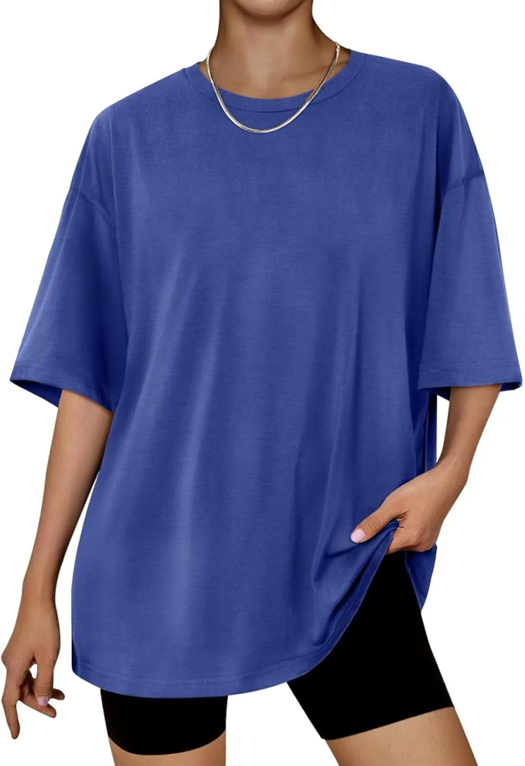 Women Drop Shoulder Short Sleeve Tshirts Oversized Crew Neck Tops Workout Solid Comfy Tees Summer Daily Tunics