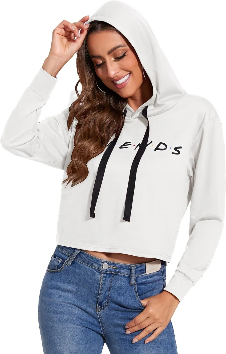 Women Letter Printed Hoodie Crop Top Long Sleeve Sweatshirt Pullover Tunics Blouses Solid Drawstring Top