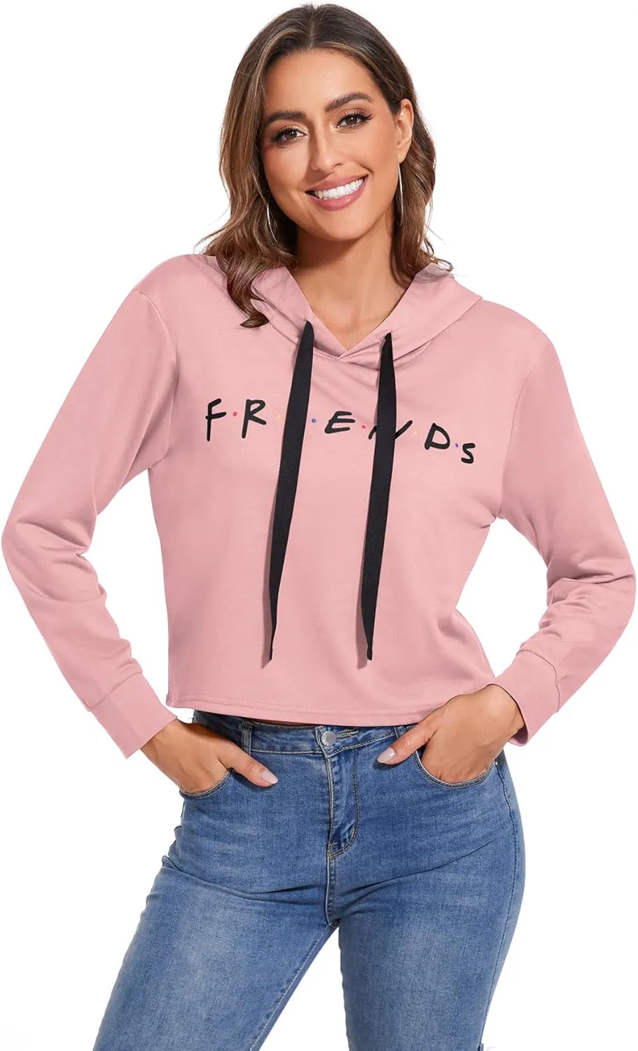Women Letter Printed Hoodie Crop Top Long Sleeve Sweatshirt Pullover Tunics Blouses Solid Drawstring Top