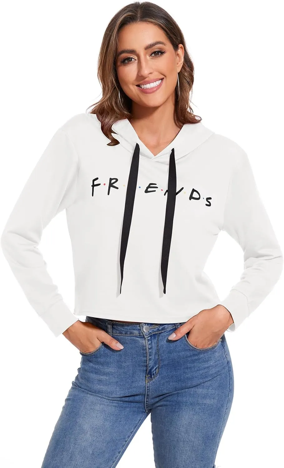 Women Letter Printed Hoodie Crop Top Long Sleeve Sweatshirt Pullover Tunics Blouses Solid Drawstring Top
