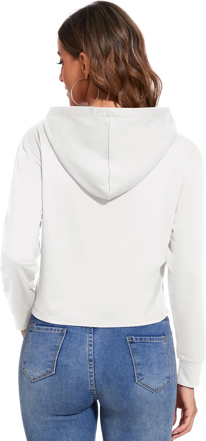 Women Letter Printed Hoodie Crop Top Long Sleeve Sweatshirt Pullover Tunics Blouses Solid Drawstring Top