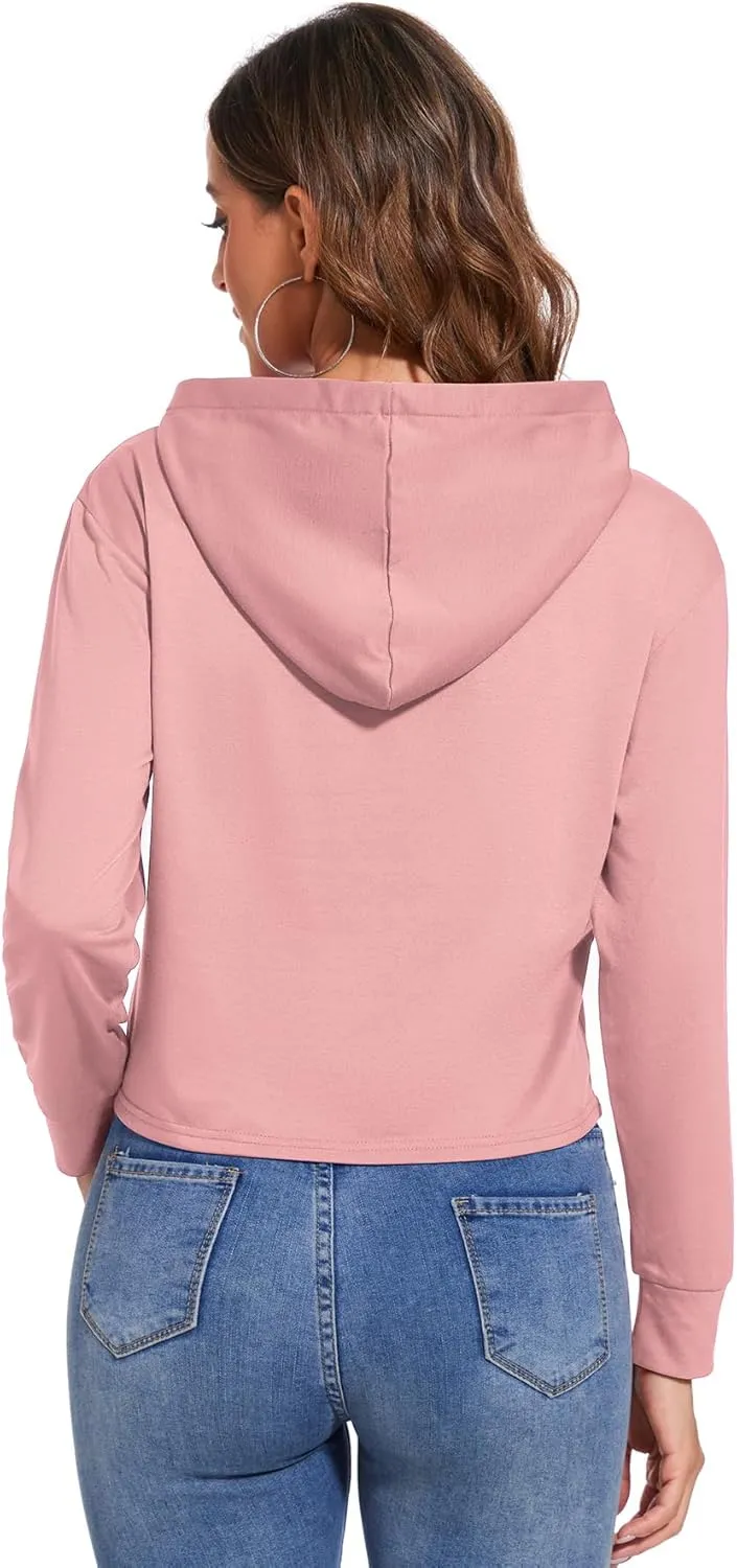 Women Letter Printed Hoodie Crop Top Long Sleeve Sweatshirt Pullover Tunics Blouses Solid Drawstring Top