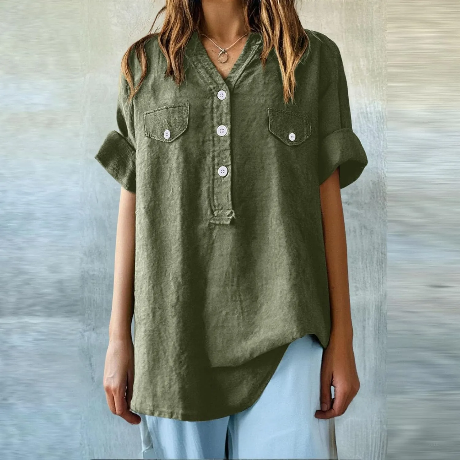 Women Summer Beach Linen Henley Shirts Short Sleeve Button v Neck Tunic Blouses 2025 Trendy Casual Loose Dressy Tops