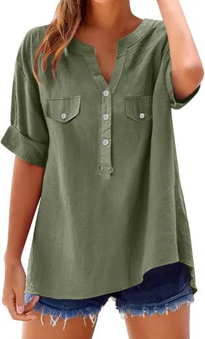 Women Summer Beach Linen Henley Shirts Short Sleeve Button v Neck Tunic Blouses 2025 Trendy Casual Loose Dressy Tops