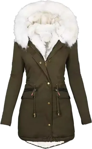 Women Winter Hooded Coat Sherpa Lined Fleece Fur Waist Hood Parka Jacket Windproof Warm Thicken Puffer Down Plus Size
