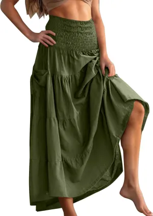 Womens 2025 Boho Skirts High Waisted Smocked Peasant Maxi Skirts Casual Tiered Flowy Long Skort Cottagecore Costume
