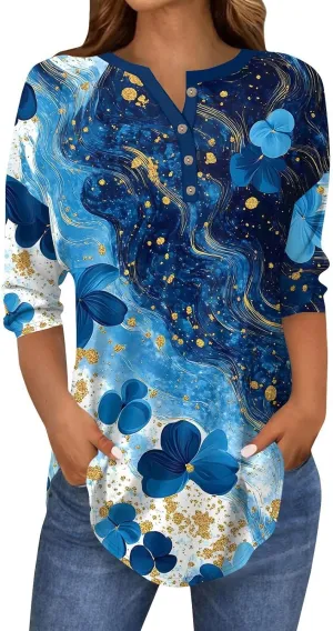 Womens 3/4 Sleeve T Shirts Comfort,Womens Summer Tops Vacation Womens Tops Summer 3/4 Sleeve Casual Floral Print Tunics