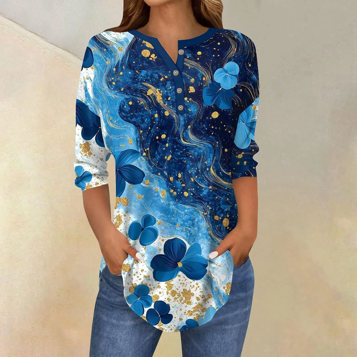 Womens 3/4 Sleeve T Shirts Comfort,Womens Summer Tops Vacation Womens Tops Summer 3/4 Sleeve Casual Floral Print Tunics