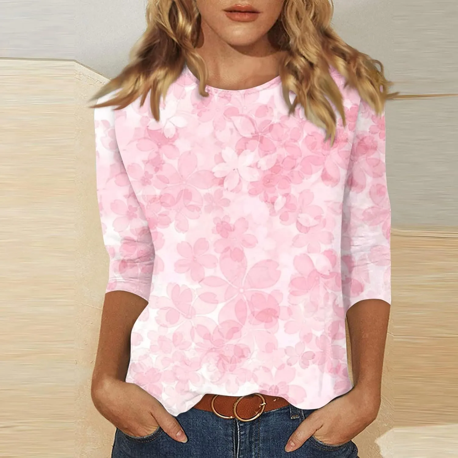 Womens 3/4 Sleeve Tops 2025 Summer Floral Print Round Neck Shirts Loose Fit Three Quarter Sleeve Tshirts
