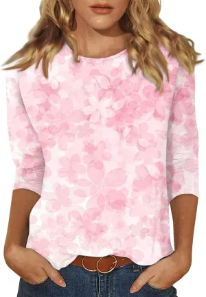 Womens 3/4 Sleeve Tops 2025 Summer Floral Print Round Neck Shirts Loose Fit Three Quarter Sleeve Tshirts