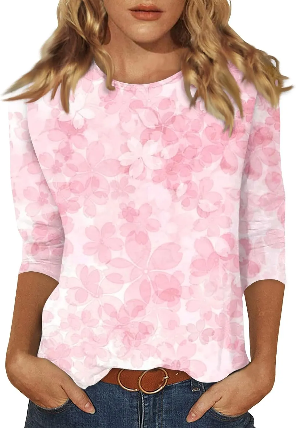 Womens 3/4 Sleeve Tops 2025 Summer Floral Print Round Neck Shirts Loose Fit Three Quarter Sleeve Tshirts