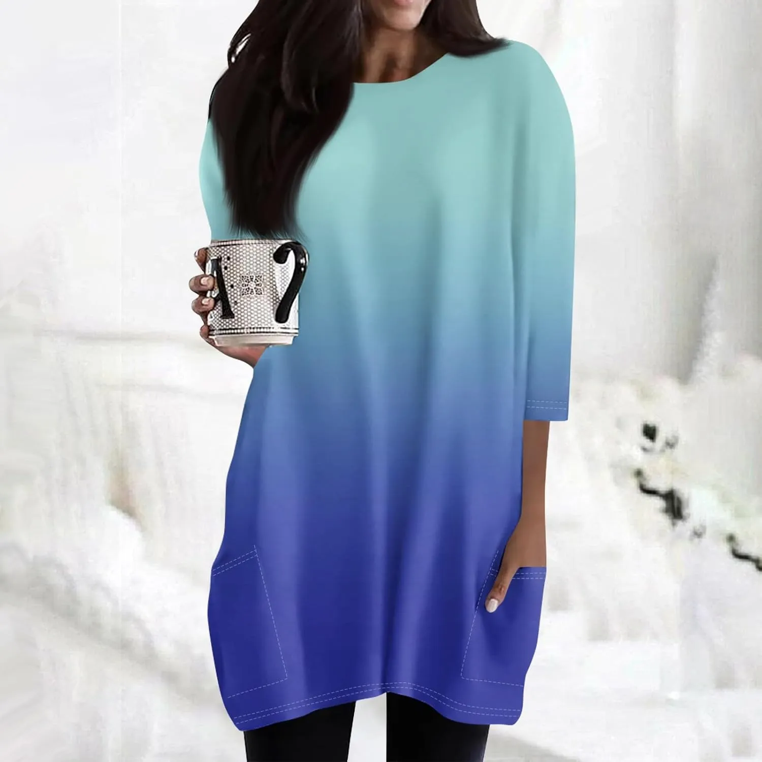 Womens 3/4 Sleeve Tunics or Tops to Wear with Leggings Oversized Casual Long Shirts Tops with Pockets
