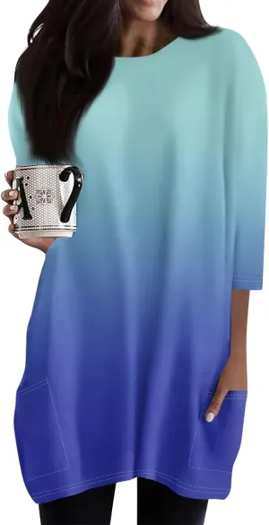 Womens 3/4 Sleeve Tunics or Tops to Wear with Leggings Oversized Casual Long Shirts Tops with Pockets