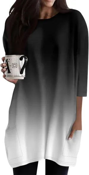 Womens 3/4 Sleeve Tunics or Tops to Wear with Leggings Oversized Casual Long Shirts Tops with Pockets