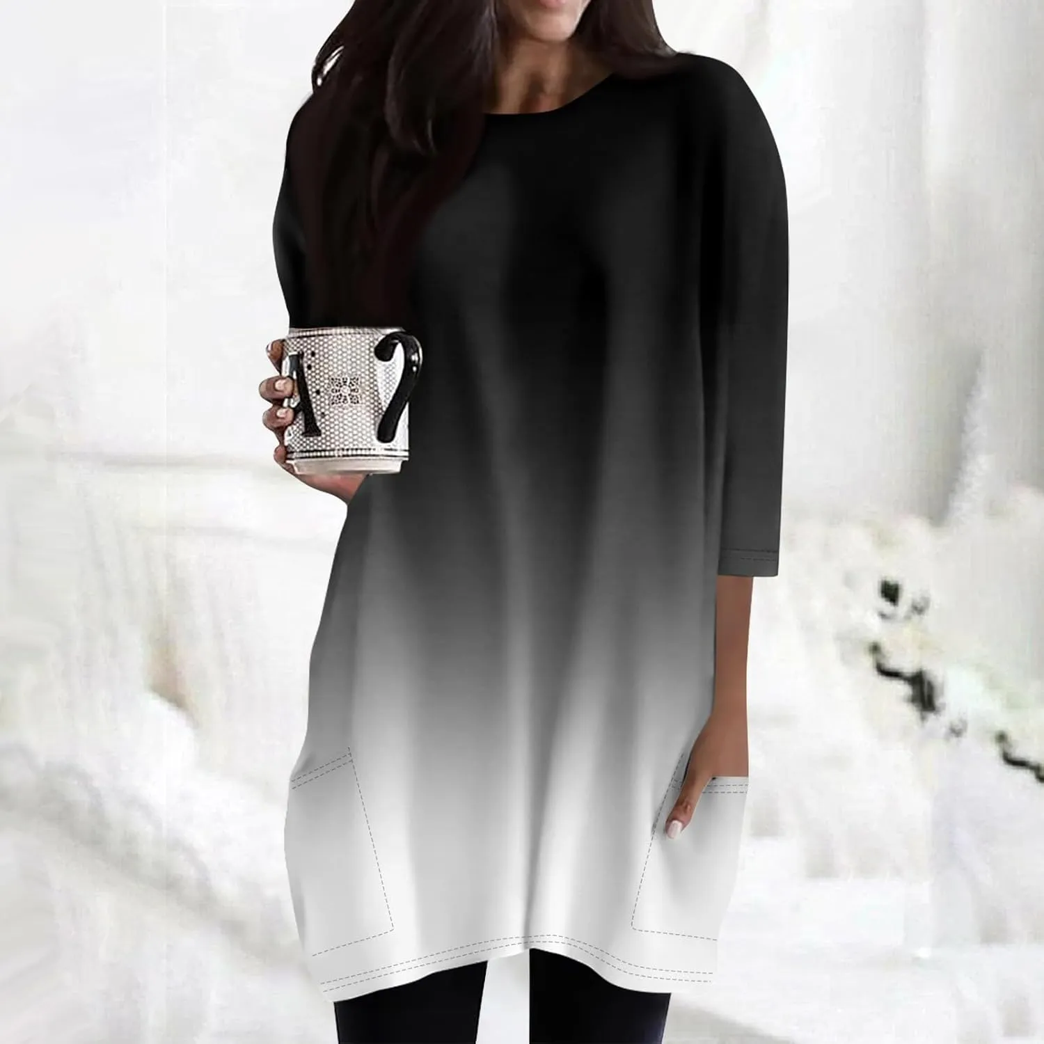Womens 3/4 Sleeve Tunics or Tops to Wear with Leggings Oversized Casual Long Shirts Tops with Pockets