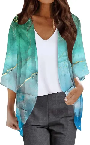 Women's Beach Kimono Coverup Women's Floral Print Kimono Cardigan Puff Sleeve Chiffon Cover Up Casual Blouse