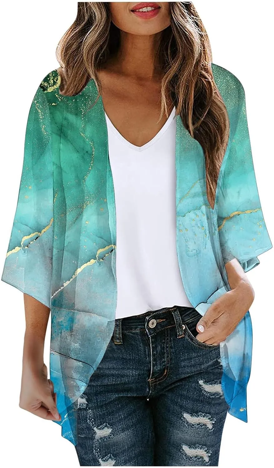 Women's Beach Kimono Coverup Women's Floral Print Kimono Cardigan Puff Sleeve Chiffon Cover Up Casual Blouse
