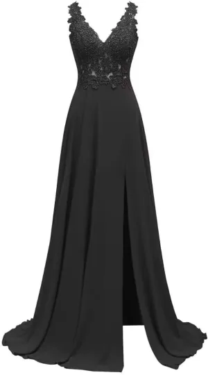 Women's Bridesmaid Dresses Long Chiffon Slit Semi Formal Dresses V-Neck Backless A-Line Evening Gowns for Wedding