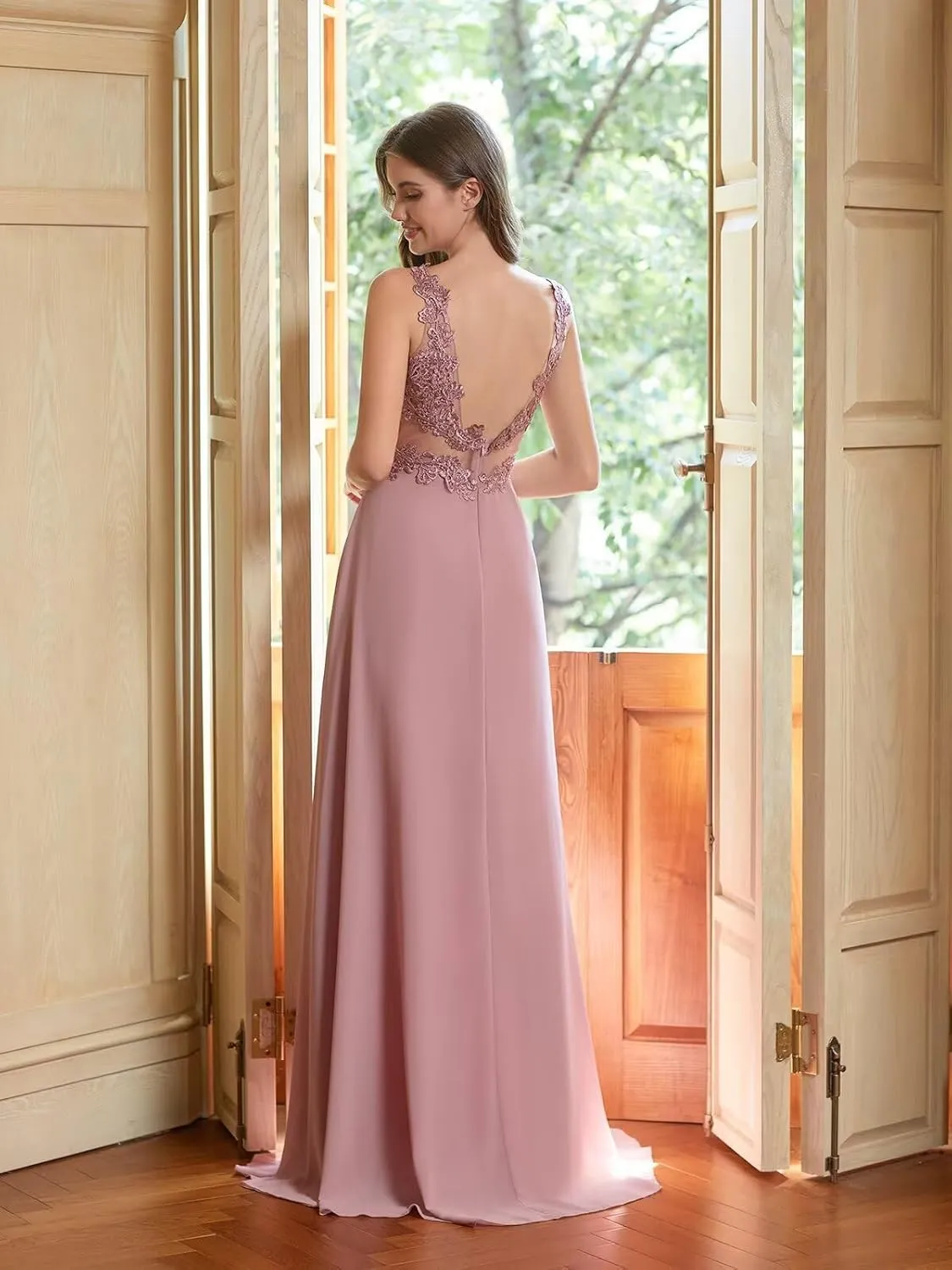 Women's Bridesmaid Dresses Long Chiffon Slit Semi Formal Dresses V-Neck Backless A-Line Evening Gowns for Wedding