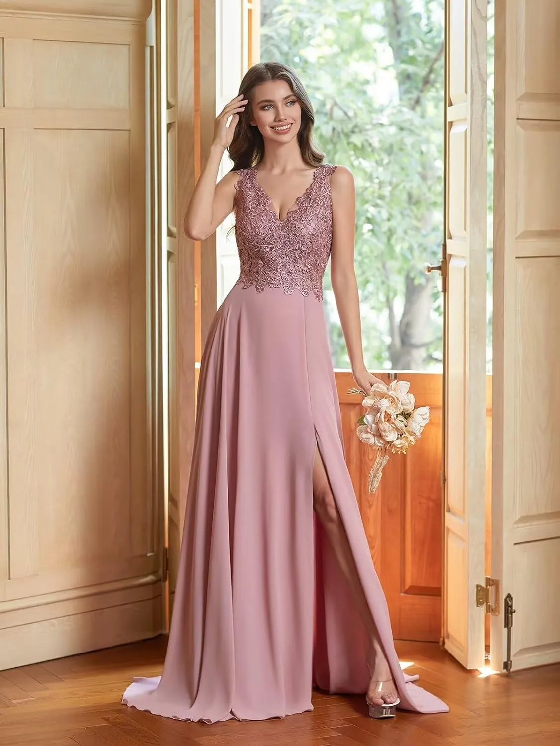 Women's Bridesmaid Dresses Long Chiffon Slit Semi Formal Dresses V-Neck Backless A-Line Evening Gowns for Wedding