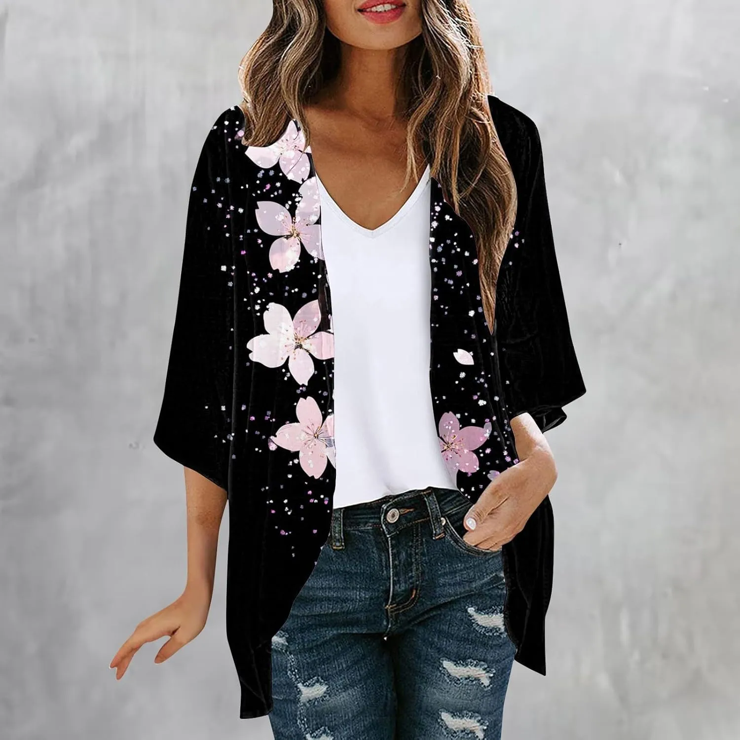 Womens Cardigan Trendy Floral 3/4 Sleeve Kimono Lightweight Open Front Cardigans Summer Beach Cover Ups