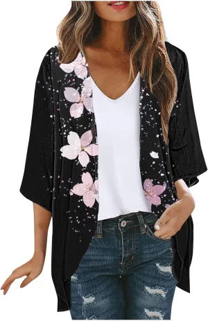Womens Cardigan Trendy Floral 3/4 Sleeve Kimono Lightweight Open Front Cardigans Summer Beach Cover Ups