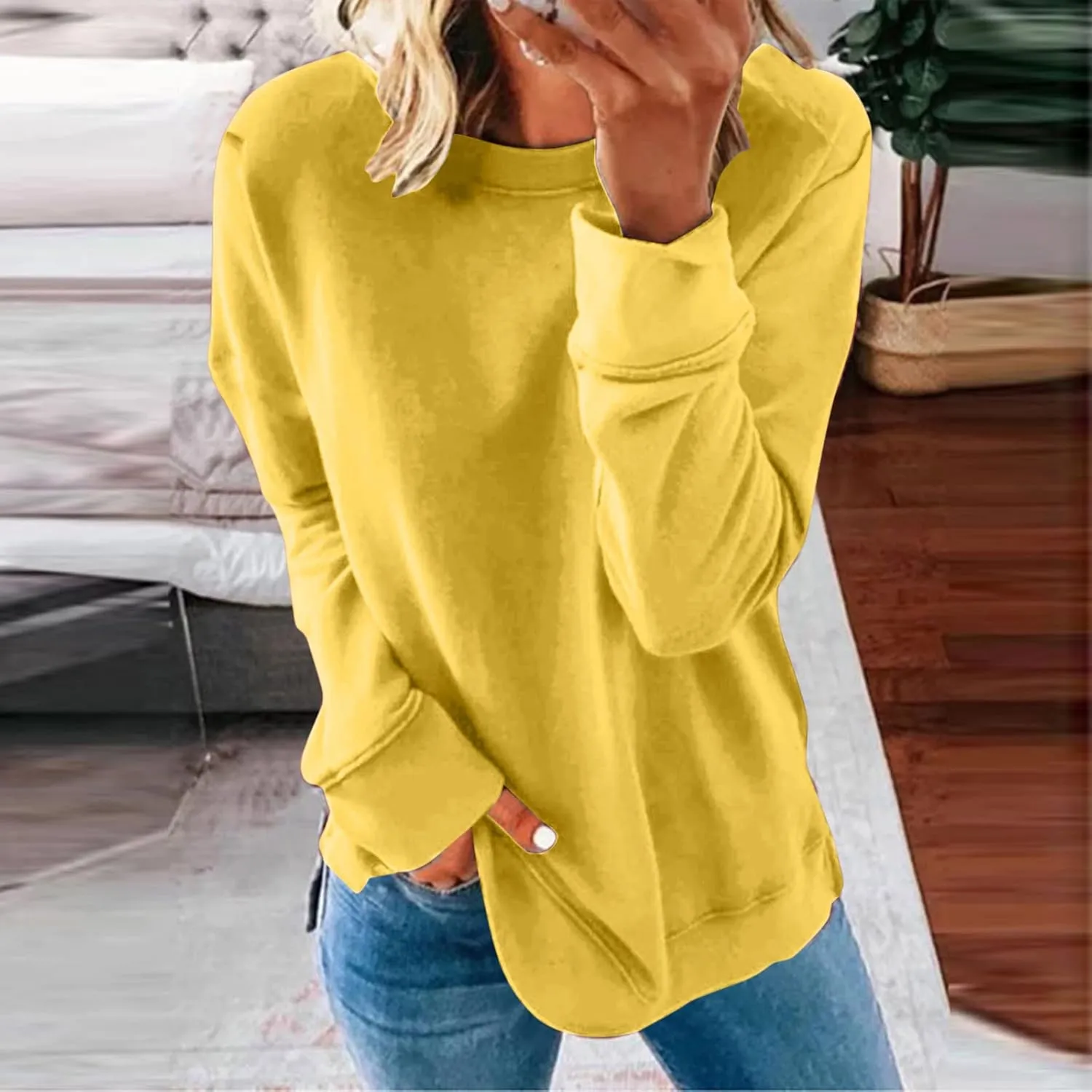 Womens Casual Sweatshirt Crewneck Loose Plain Pullover Tee Fashion Long Sleeve Lightweight Home Cozy Tunics Blouse