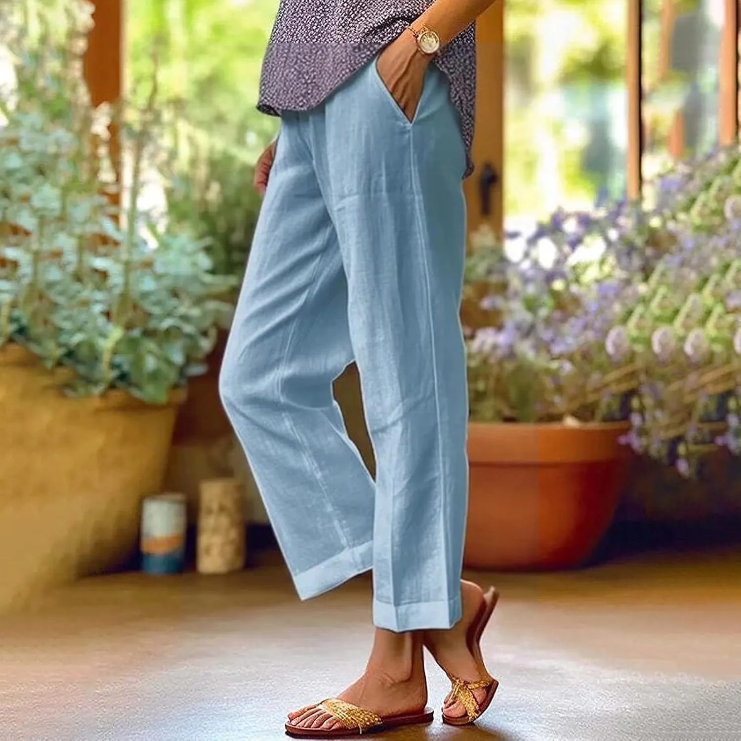 Women's Clothing Solid Elastic Pants Long Drawstring Linen Women Waist Cotton Casual Slacks Business Pants with Pockets