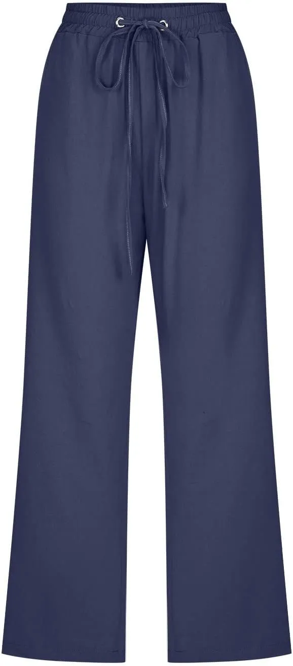 Womens Cotton Linen Pants Casual Summer 2025 Casual Drawstring Elastic Pants with Pockets Lounge Cropped Trouser