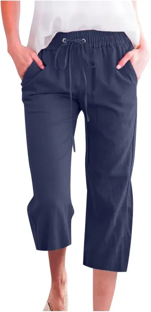 Womens Cotton Linen Pants Casual Summer 2025 Casual Drawstring Elastic Pants with Pockets Lounge Cropped Trouser