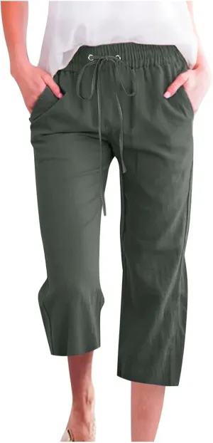Womens Cotton Linen Pants Casual Summer 2025 Casual Drawstring Elastic Pants with Pockets Lounge Cropped Trouser